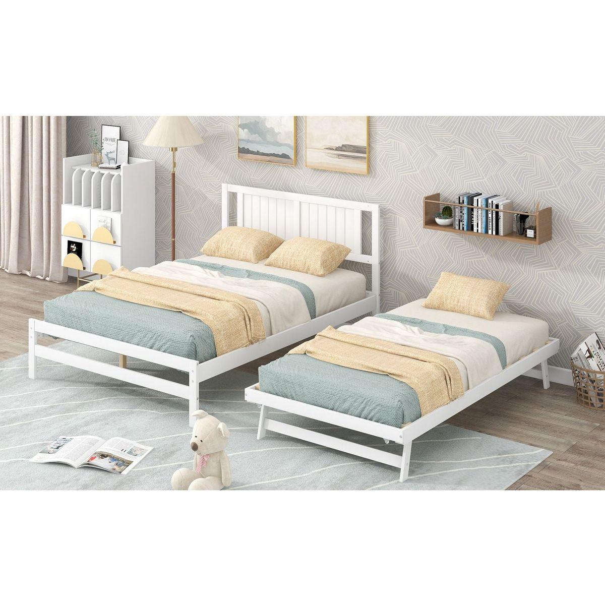 Full Size Platform Bed with Adjustable Trundle, White