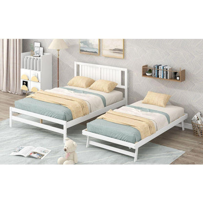 Full Size Platform Bed with Adjustable Trundle, White