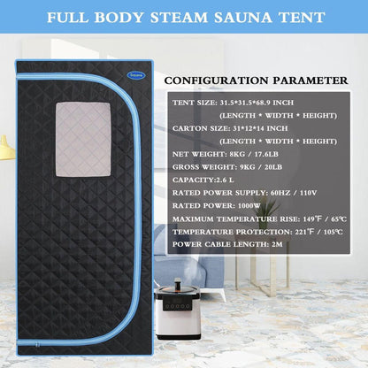 Portable Plus Type Full Size Steam Sauna tent. Spa, Detox, Therapy and Relaxation at home.Larger Space, Stainless Steel Pipes Connector Easy to Install, with FCC Certification--Black (Blue binding)