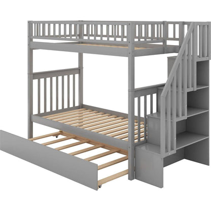 Twin over Twin Bunk Bed with Trundle and Storage, Gray