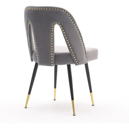 Akoya Collection Modern Contemporary Velvet Upholstered Dining Chair with Nailheads and Gold Tipped Black Metal Legs, Gray, Set of 2