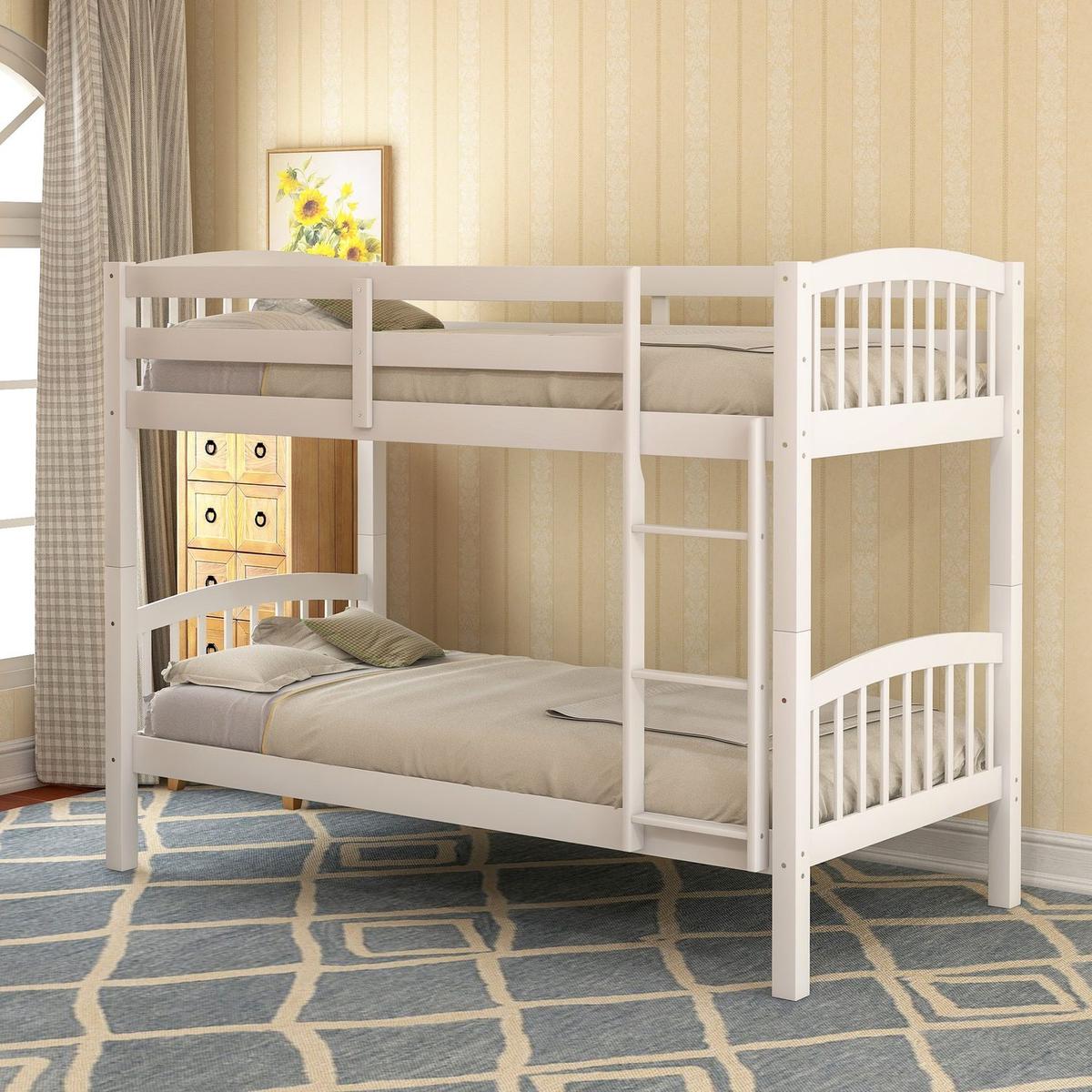 Twin Over Twin Bunk Bed with Ladder, White - Streamdale Furniture