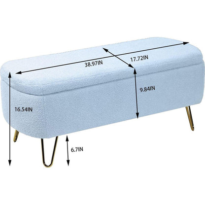 Blue Storage Ottoman Bench for End of Bed Gold Legs, Modern Grey Faux Fur Entryway Bench Upholstered Padded with Storage for Living Room Bedroom