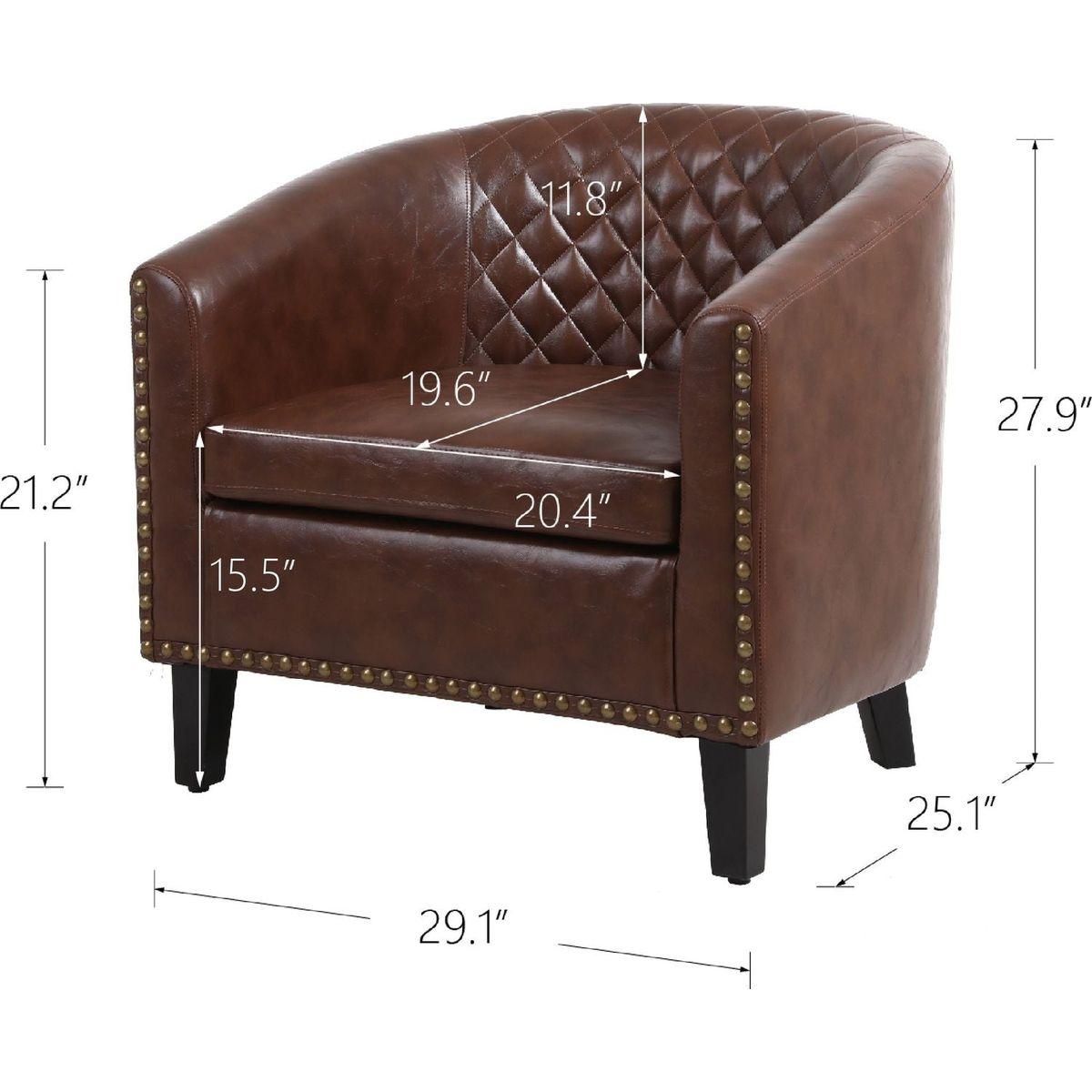 accent Barrel chair living room chair with nailheads and solid wood legs Brown pu leather