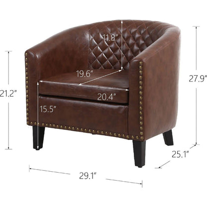 accent Barrel chair living room chair with nailheads and solid wood legs Brown pu leather