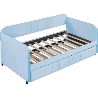Upholstered Daybed Sofa Bed Twin Size With Trundle Bed and Wood Slat, Light Blue