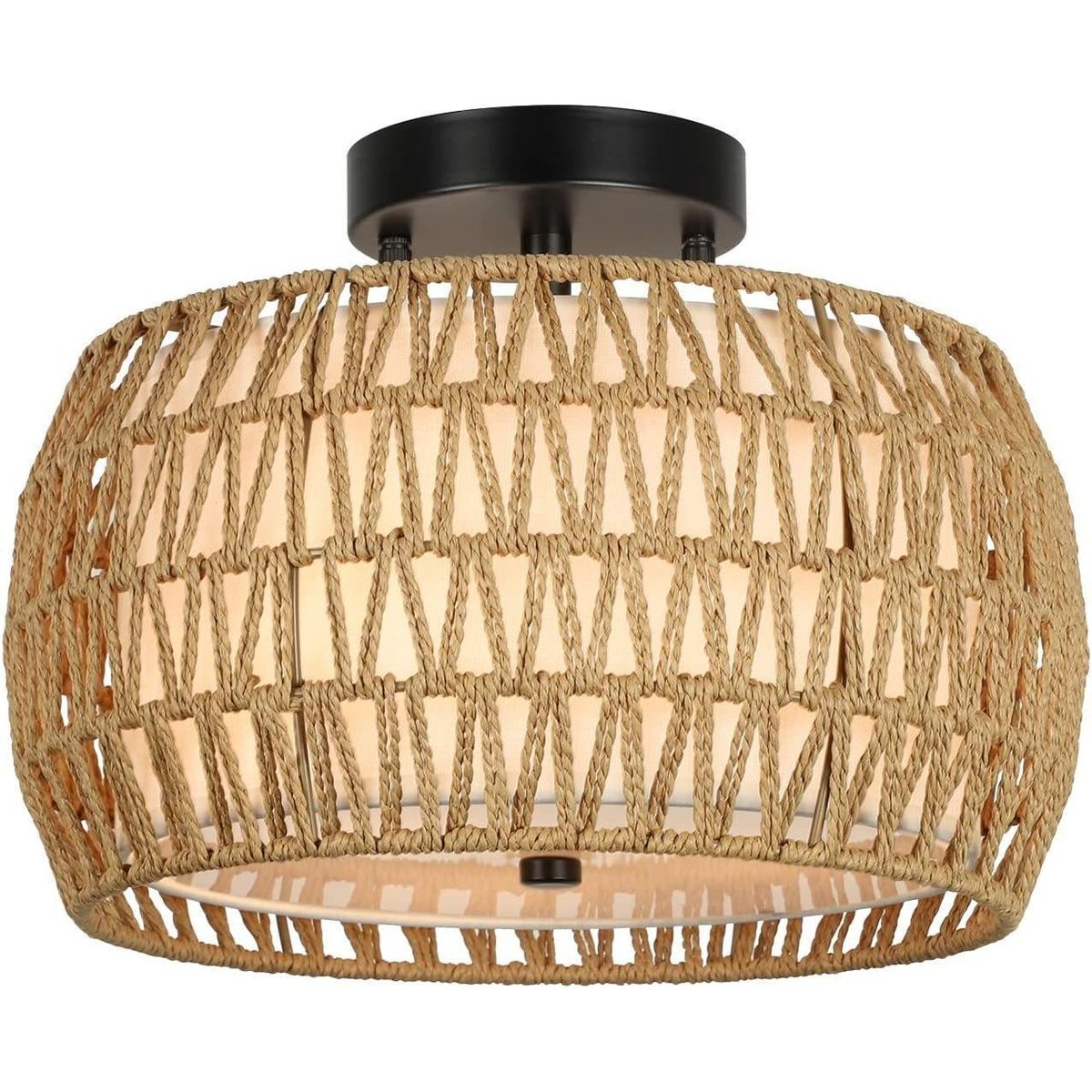 3-Light Woven Rattan Semi Flush Mount Ceiling Light