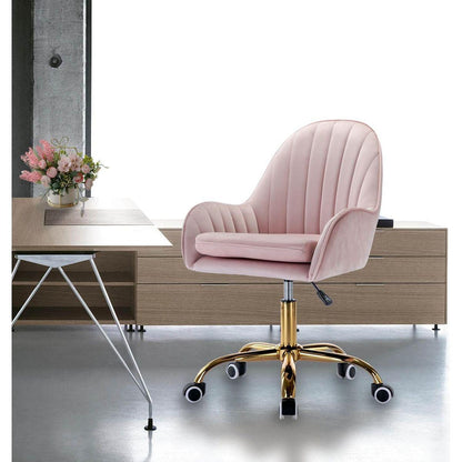 Velvet Home Office Chair with Wheels, Cute Chair with Side Arms and Gold Metal Base for Living Room, Bedroom,and Vanity Room,Bling Desk Nail Desk for Women,Adjustable Height,Pink