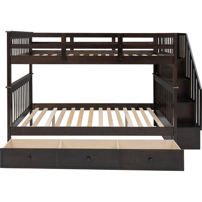 Stairway Full-Over-Full Bunk Bed with Drawer, Storage and Guard Rail for Bedroom, Espresso color