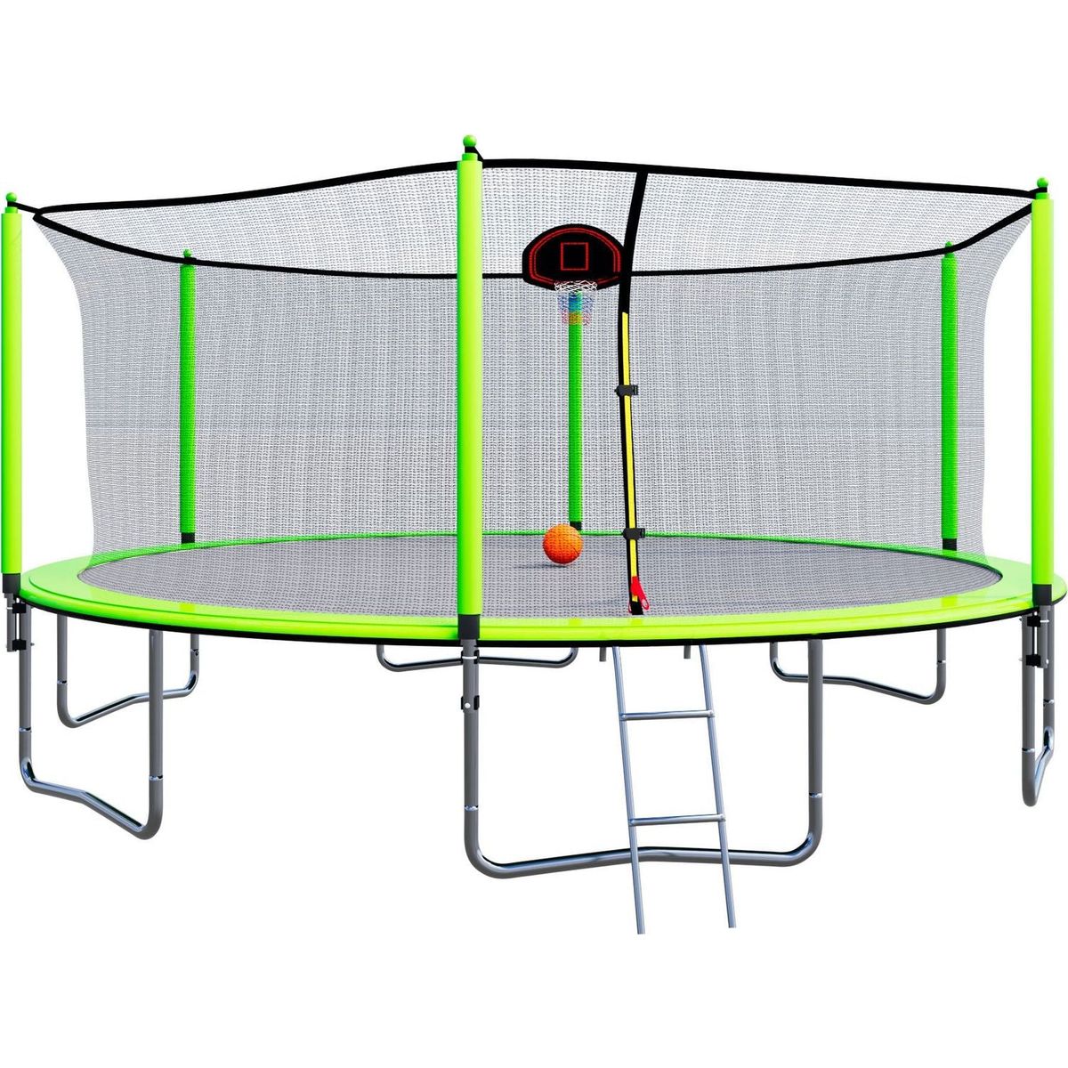 15FT Trampoline with Basketball Hoop Inflator and Ladder(Inner Safety Enclosure) Green