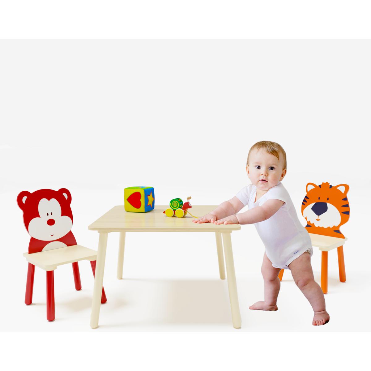 Kids Table and 2 Chairs Set, 3 Pieces Toddler Table and Chair Set, Wooden Activity Play Table Set (Bear&Tiger)