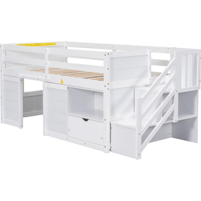 TWIN BED, SOLID WOOD TWIN SIZE LOW LOFT BED WITH STAIR, DRAWER, AND SHELF OF WHITE COLOR