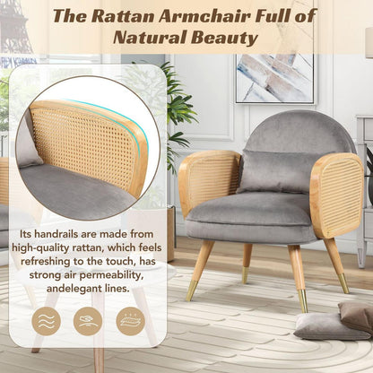 Amchair with Rattan Armrest and Metal Legs Upholstered Mid Century Modern Chairs for Living Room or Reading Room, Grey