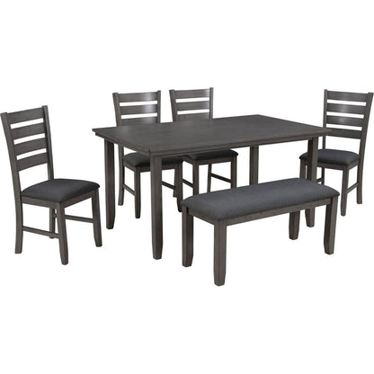 Dining Room Table and Chairs with Bench, Rustic Wood Dining Set, Set of 6 (Gray)