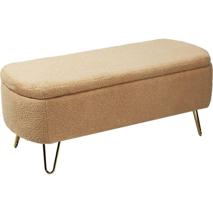 Camel Storage Ottoman Bench for End of Bed Gold Legs, Modern Camel Faux Fur Entryway Bench Upholstered Padded with Storage for Living Room Bedroom