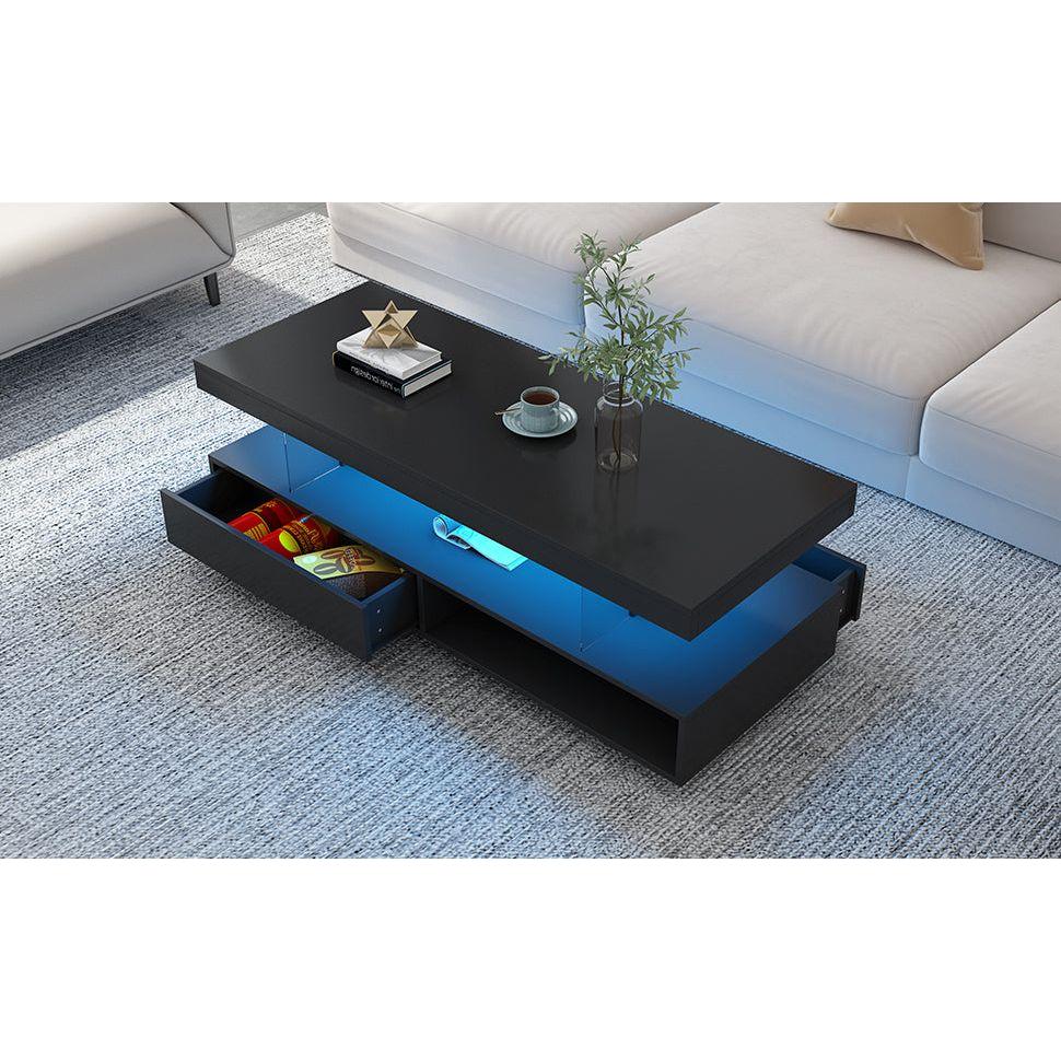 LED Coffee Table with Storage, Modern Center Table with 2 Drawers and Display Shelves, Accent Furniture with LED Lights for Living Room,Black