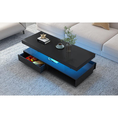LED Coffee Table with Storage, Modern Center Table with 2 Drawers and Display Shelves, Accent Furniture with LED Lights for Living Room,Black