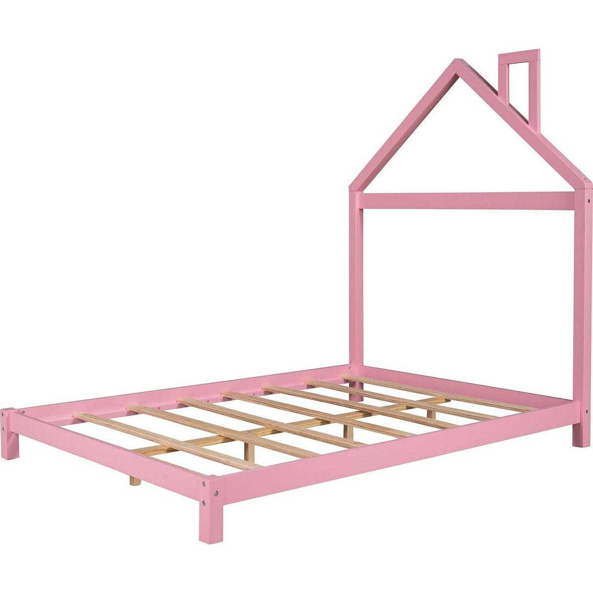 Full Size Wood Platform Bed with House-shaped Headboard (Pink)