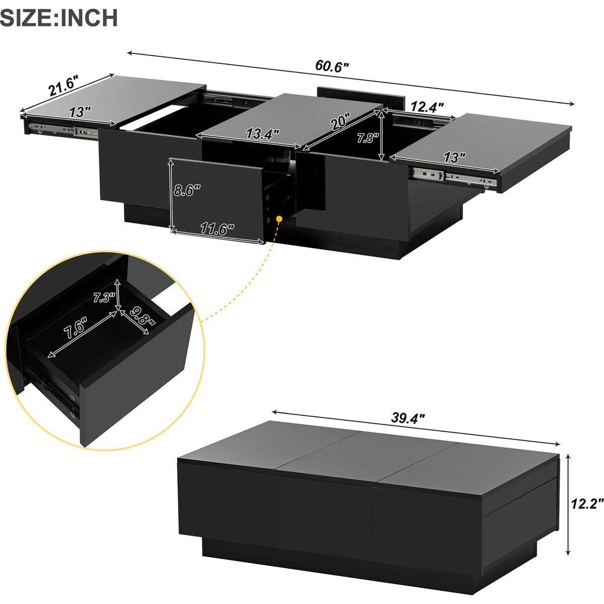 Multifunctional Coffee Table with 2 large Hidden Storage Compartment, Extendable Cocktail Table with 2 Drawers, High-gloss Center Table with Sliding Top for Living Room, 39.3"x21.6", Black