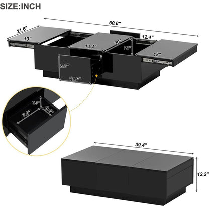 Multifunctional Coffee Table with 2 large Hidden Storage Compartment, Extendable Cocktail Table with 2 Drawers, High-gloss Center Table with Sliding Top for Living Room, 39.3"x21.6", Black