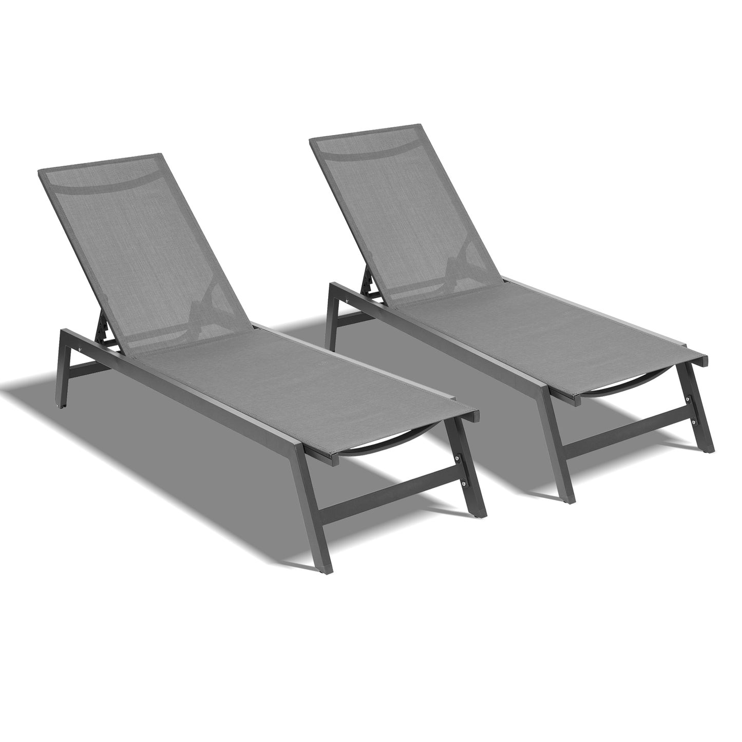 Outdoor 2-Pcs Set Chaise Lounge Chairs, Five-Position Adjustable Aluminum Recliner, All Weather For Patio, Beach, Yard, Pool (Grey Frame/Dark Grey Fabric)