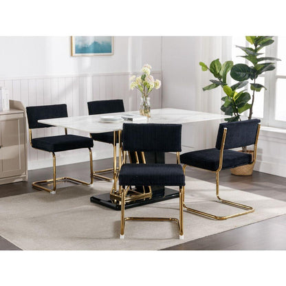 Modern Dining Chairs with Corduroy Fabric, Gold Metal Base, Accent Armless Kitchen Chairs with Channel Tufting, Side Chairs, Set of 2, Black