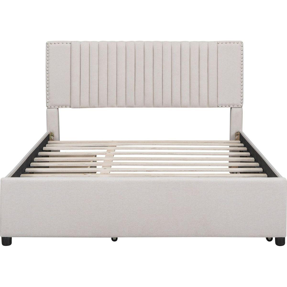 Queen Size Upholstered Platform Bed with 2 Drawers and 1 Twin XL Trundle, Classic Headboard Design, Beige