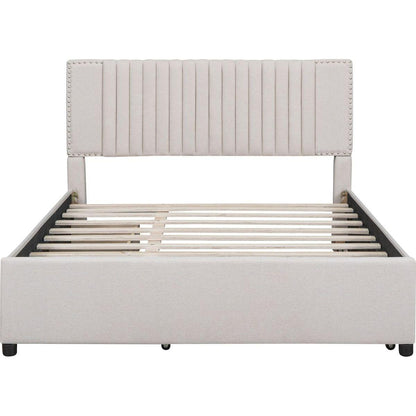 Queen Size Upholstered Platform Bed with 2 Drawers and 1 Twin XL Trundle, Classic Headboard Design, Beige