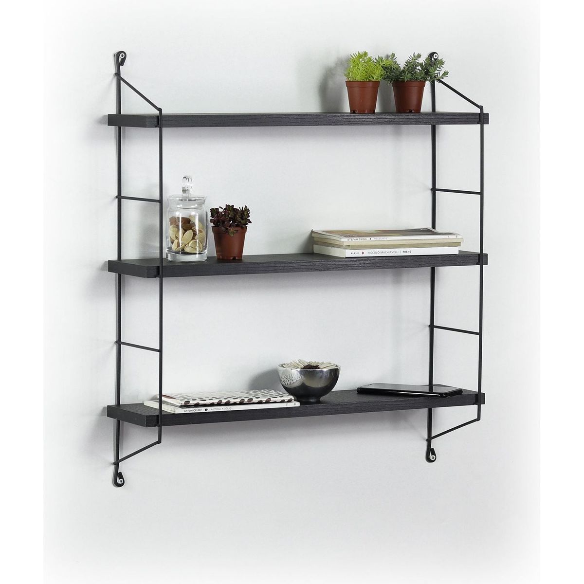 Floating Wall Decor Wall Mounted Rustic Decorative Hanging 3 Tier Metal Bracket Shelf for Books and Collectibles, Black/Black