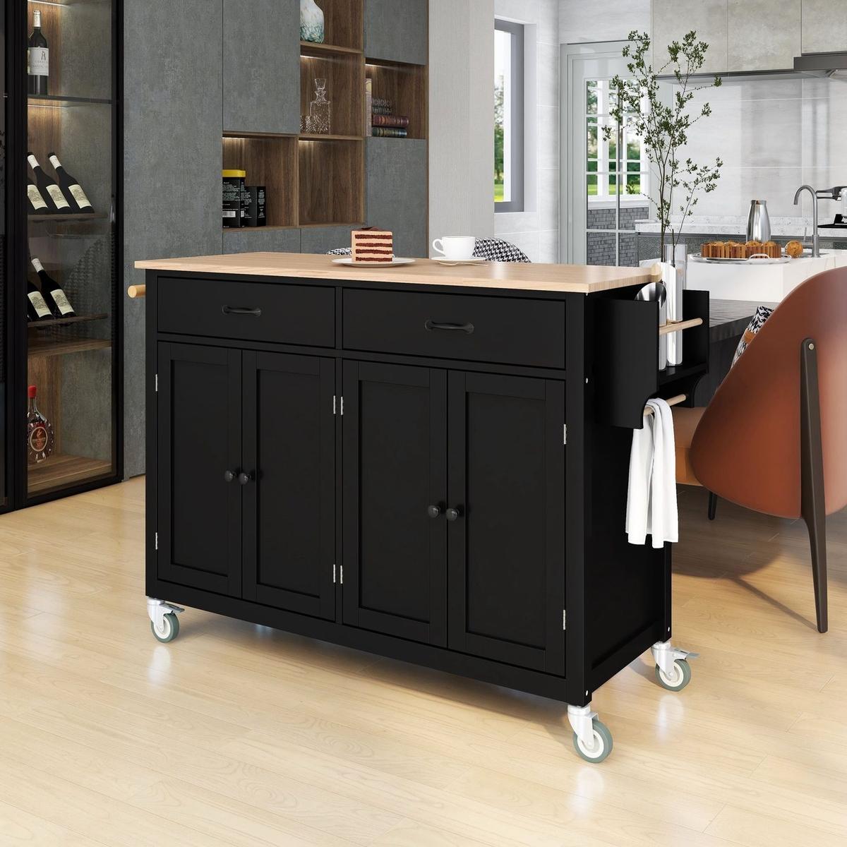 Kitchen Island Cart with Solid Wood Top and Locking Wheels4.3 Inch Width Door Cabinet and Two Drawerspice Rack, Towel Rack black) - Streamdale Furniture