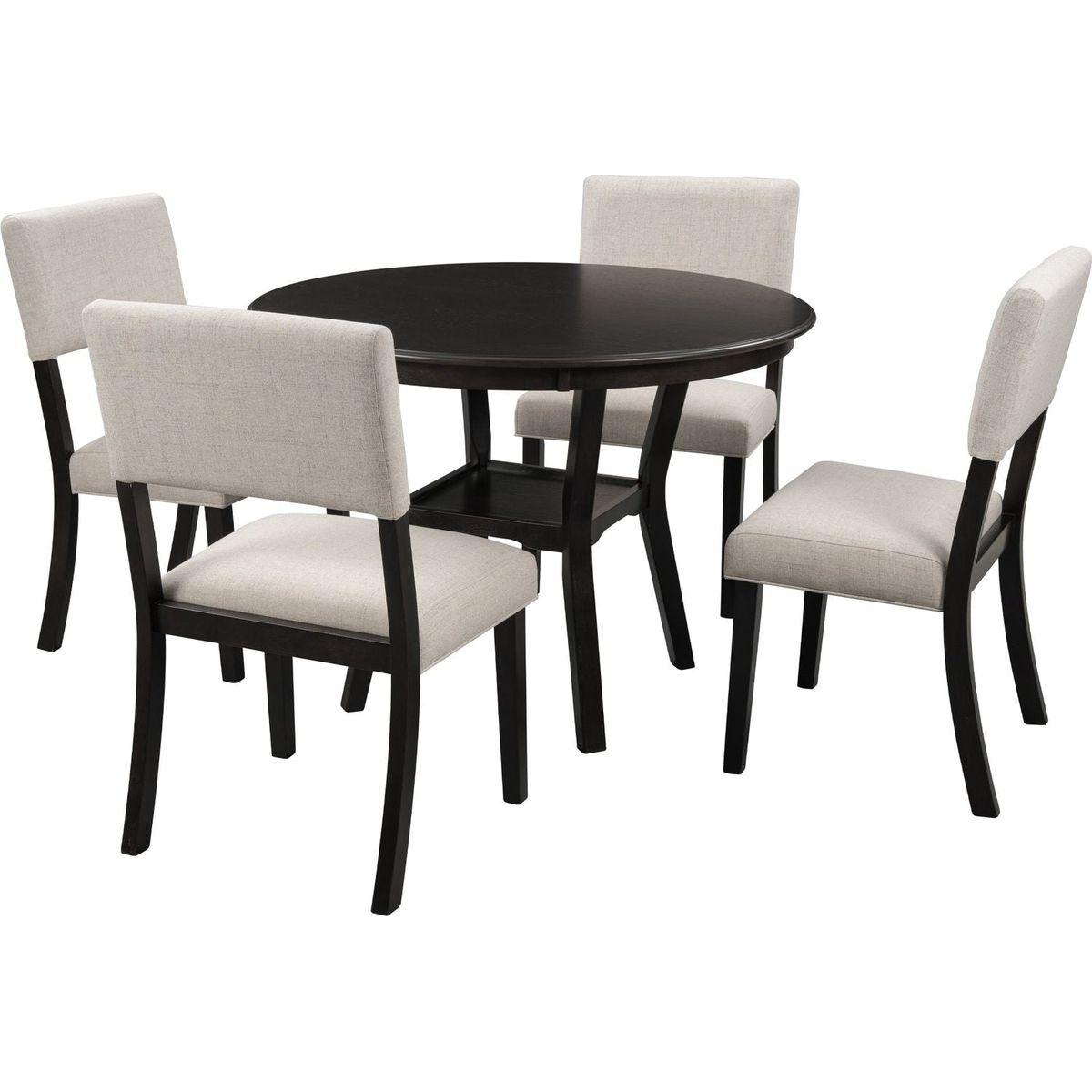 5-Piece Kitchen Dining Table Set Round Table with Bottom Shelf, 4 Upholstered Chairs for Dining Room (Espresso)