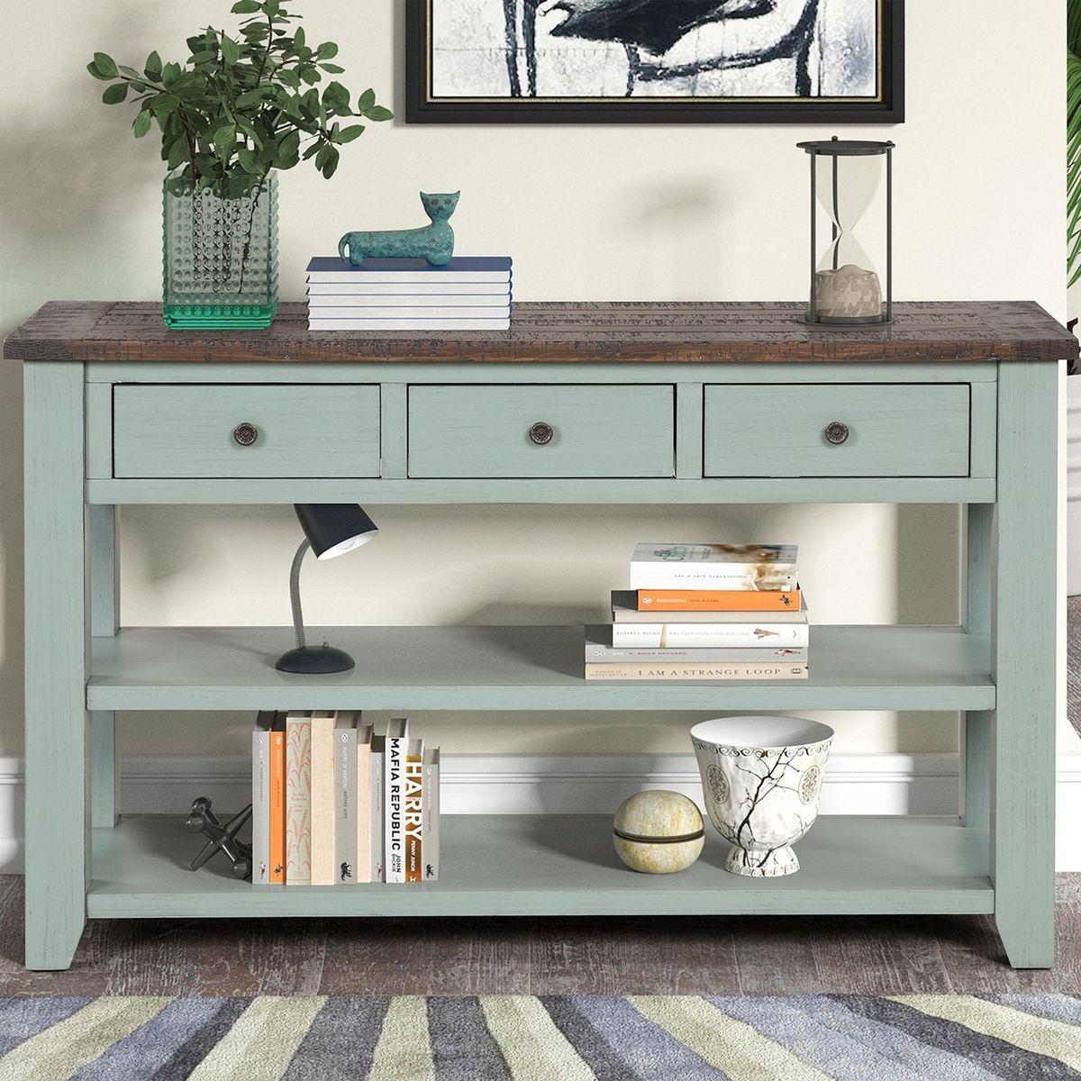 48" Solid Pine Wood Top Console Table, Modern Entryway Sofa Side Table with 3 Storage Drawers and 2 Shelves. Easy to Assemble (Green+ Brown Top)