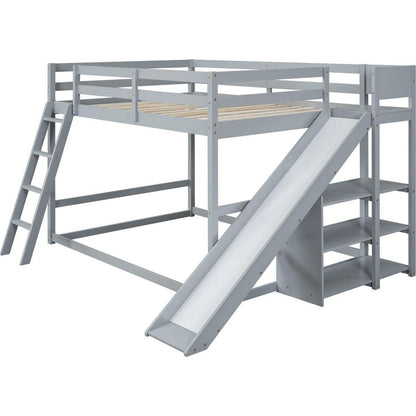 Full over Full Bunk Bed with Ladder, Slide and Shelves, Gray