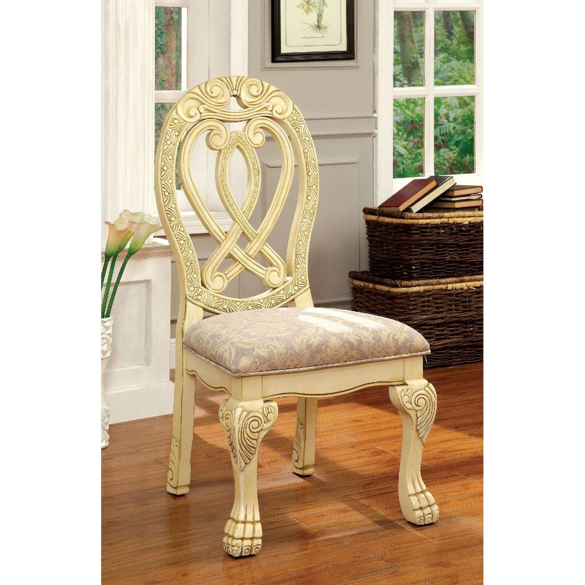 Formal Majestic Traditional Dining Chairs Vintage White Solid wood Fabric Seat Intricate Carved Details Set of 2 Side Chairs