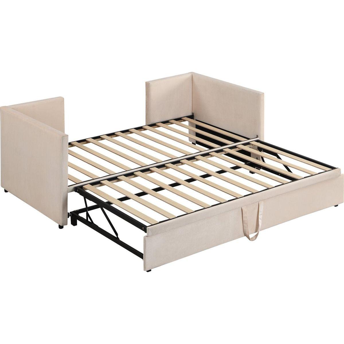 Twin Size Upholstered daybed with Extendable Trundle, Beige - Streamdale Furniture