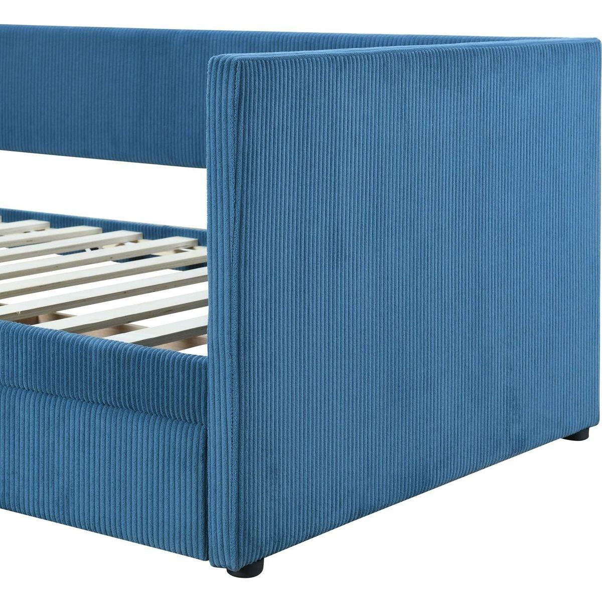 Twin Size Corduroy Daybed with Two Drawers and Wood Slat, Blue