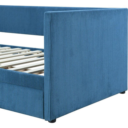 Twin Size Corduroy Daybed with Two Drawers and Wood Slat, Blue