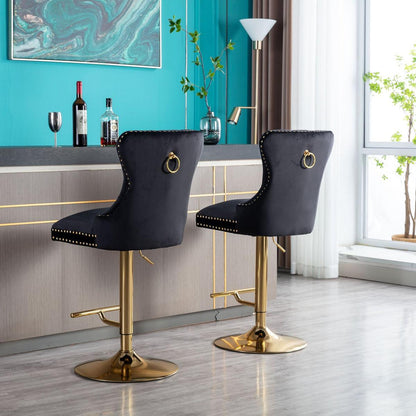 Swivel Bar Stools Chair Set of 2 Modern Adjustable Counter Height Bar Stools, Velvet Upholstered Stool with Tufted High Back & Ring Pull for Kitchen, Chrome Golden Base, Black