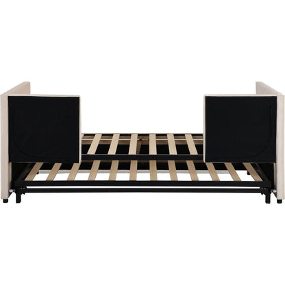 Twin Size Upholstered daybed with Extendable Trundle, Beige - Streamdale Furniture
