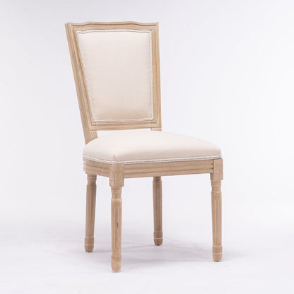 French Style Solid Wood Frame Antique Painting Linen Fabric Square Rattan Back Dining Chair, Set of 2, Cream