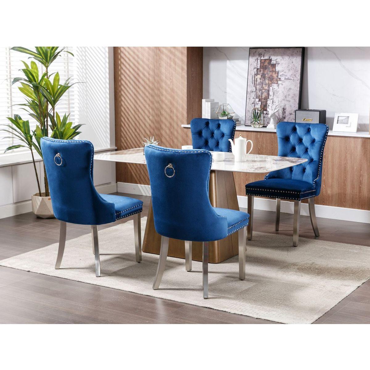 Nikki Collection Modern, High-end Tufted Solid Wood Contemporary Velvet Upholstered Dining Chair with Chrome Stainless Steel Plating Legs, Nailhead Trim, Set of 2, Blue and Chrome