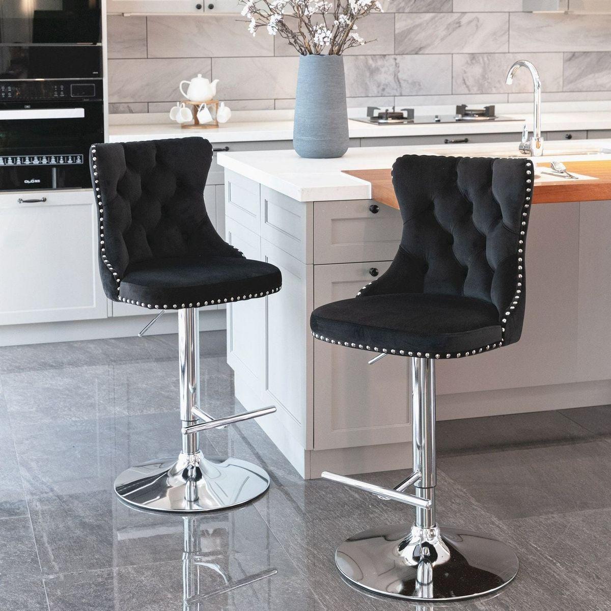 Swivel Velvet Barstools Adjusatble Seat Height from 25-33 Inch, Modern Upholstered Chrome base Bar Stools with Backs Comfortable Tufted for Home Pub and Kitchen Islandlack, Set of 2) - Streamdale Furniture