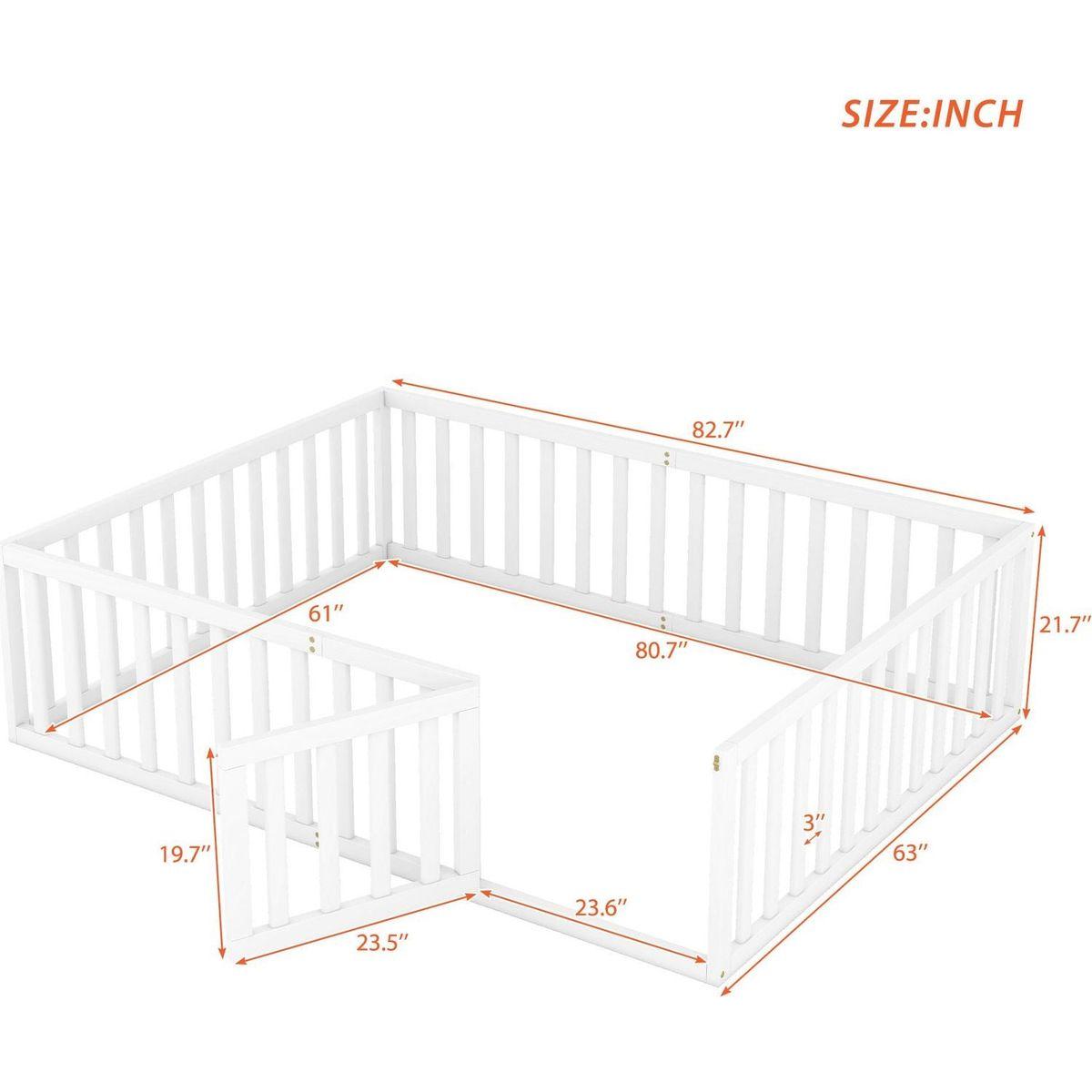 Queen Size Wood Floor Bed Frame with Fence and Door, White