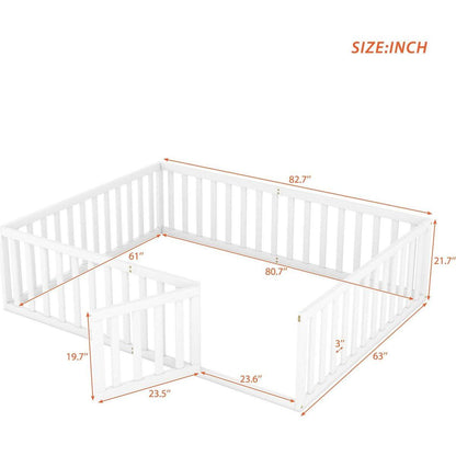 Queen Size Wood Floor Bed Frame with Fence and Door, White