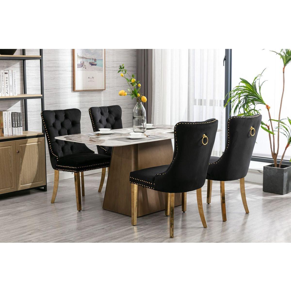 Nikki Collection Modern, High-end Tufted Solid Wood Contemporary Velvet Upholstered Dining Chair with Golden Stainless Steel Plating Legs, Nailhead Trim, Set of 2lack and Gold