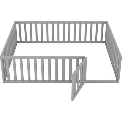 Queen Size Wood Floor Bed Frame with Fence and Door, Gray