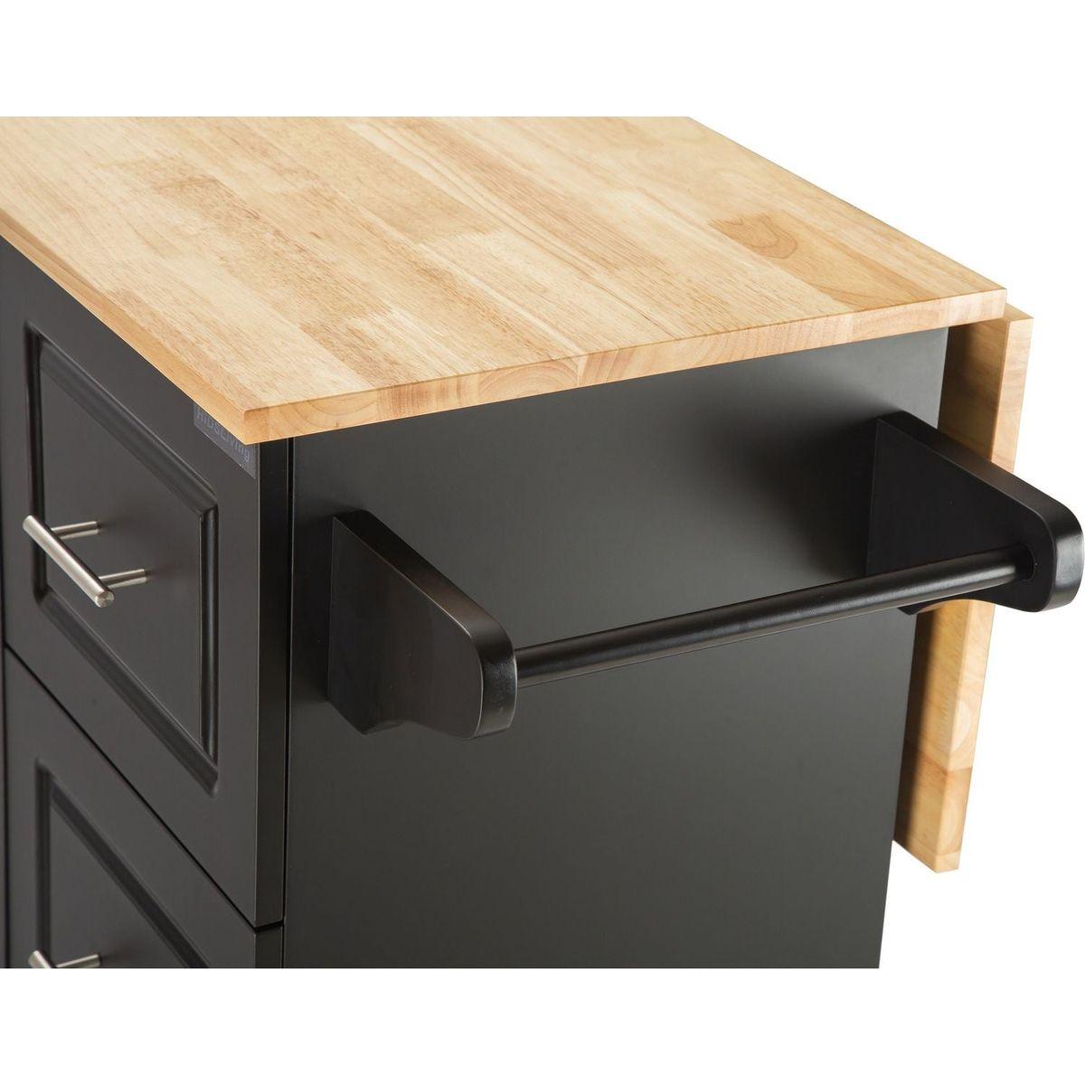 Kitchen Island & Kitchen Cart, Mobile Kitchen Island with Extensible Rubber Wood Table Top, adjustable Shelf Inside Cabinet, 3 Big Drawers, with Spice Rack, Towel Rack, Black-Beech .