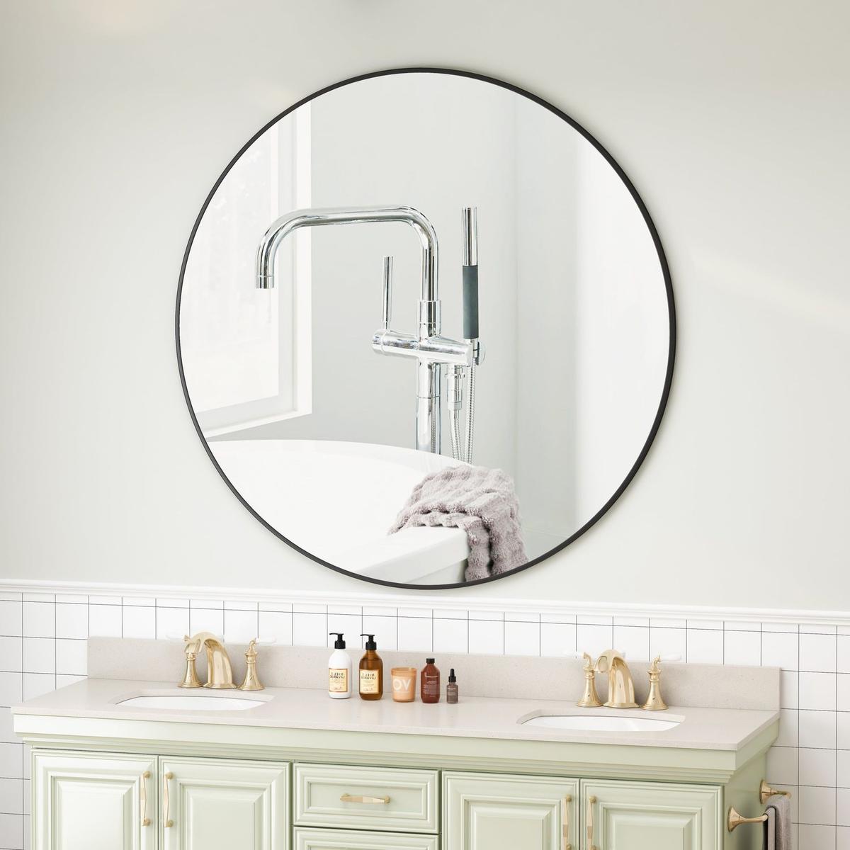 42" Wall Mounted Black Circular Mirror or Bathroom, Living Room, Bedroom Wall Decor