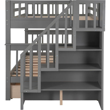 Stairway Full-Over-Full Bunk Bed with Drawer, Storage and Guard Rail for Bedroom, Gray color