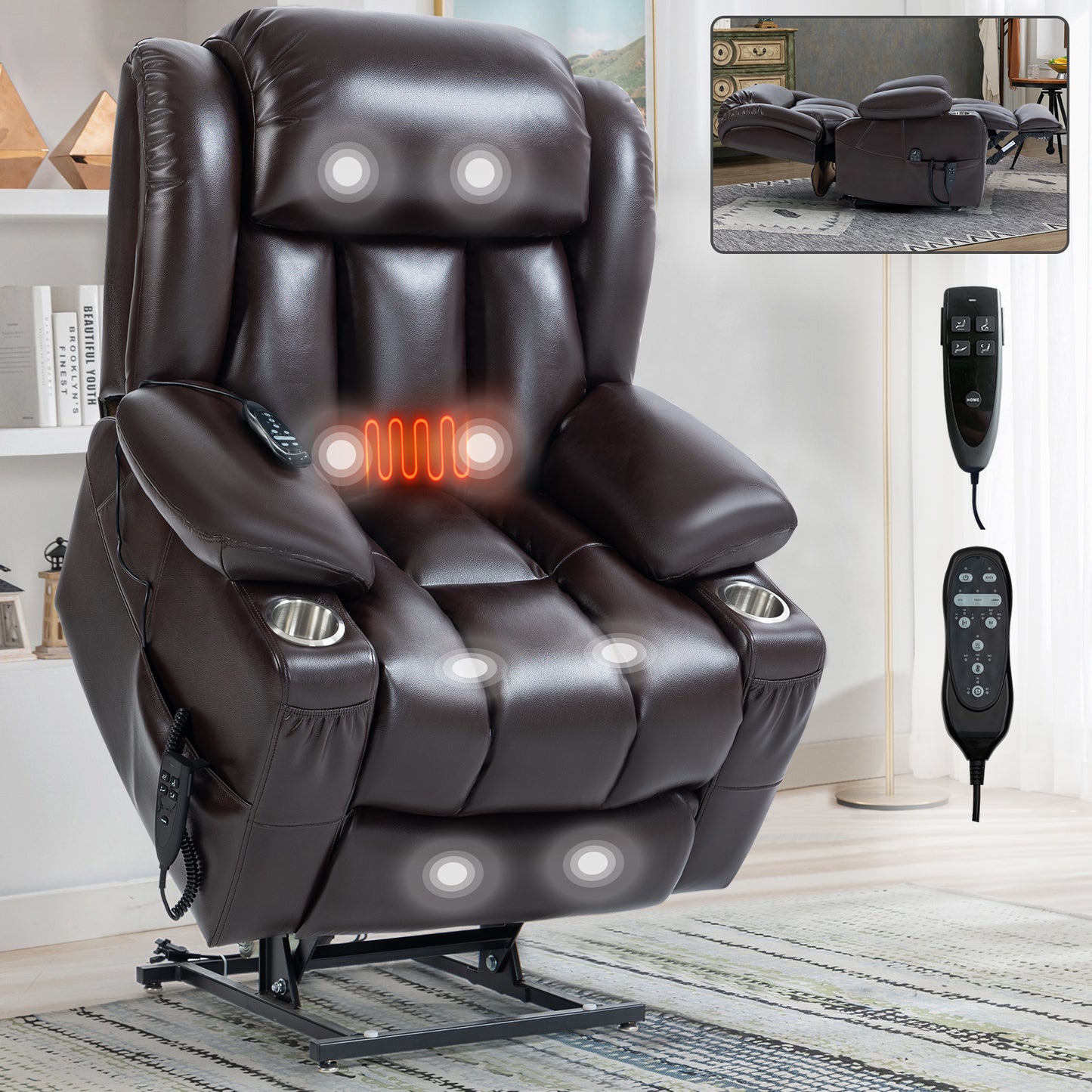 Dual Motor Infinite Position Up to 350 LBS Leatheraire Power Lift Recliner Chair, Heavy Duty Motion Mechanism with 8-Point Vibration Massage and Lumbar Heating, Stainless steel Cup Holders, Brown